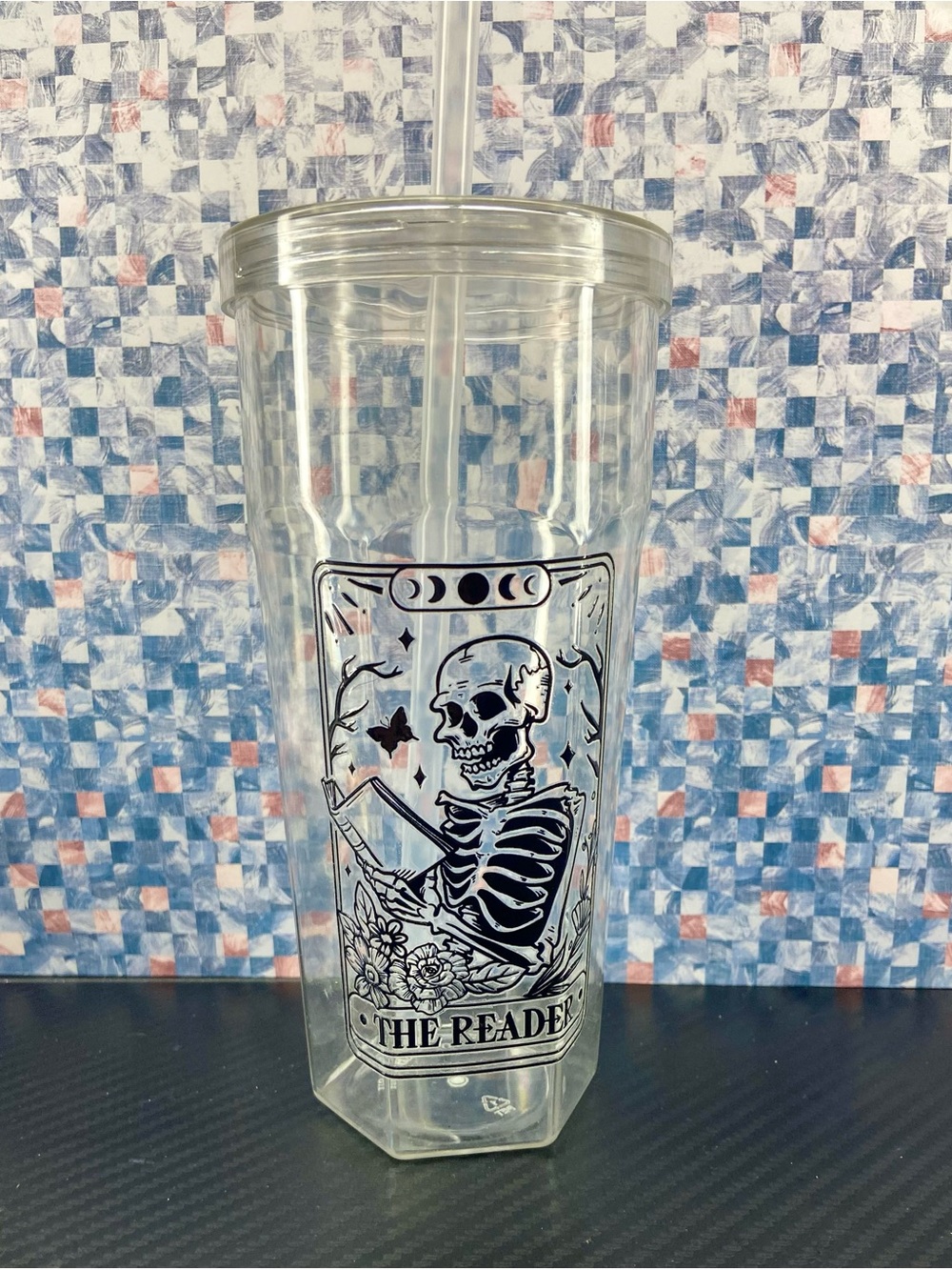 Clear Black Skull Graphic Tumbler with Straw